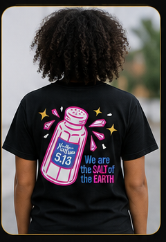 Person wearing the black Faith Church T-shirt showing the Salt of the Earth back design