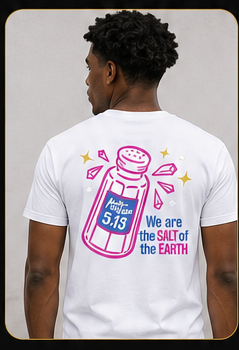 Person wearing the white Faith Church T-shirt showing the Salt of the Earth back design