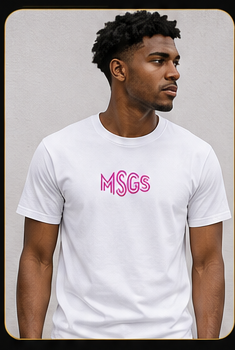 Person wearing the white Faith Church T-shirt showing the centered MSGS front design